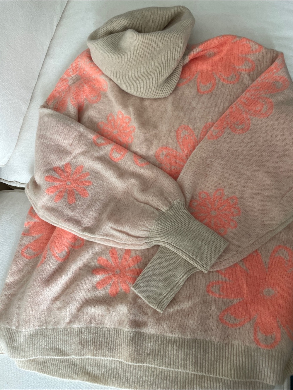 Free People Taupe Cowl Neck cashmere Sweater with Coral Floral Accents